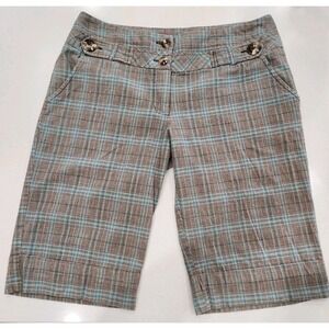 Vintage Y2K Candies Brown‎ Blue Green Plaid Striped Bermuda Shorts Womens Size 9